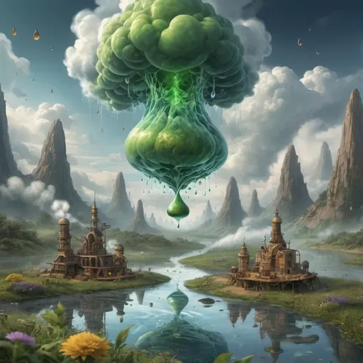 Prompt: Fat clouds of smoke, raindrop collapsing, encapsulated in prana, gamma, alchemist lab, seeds into rigs floating river of life 