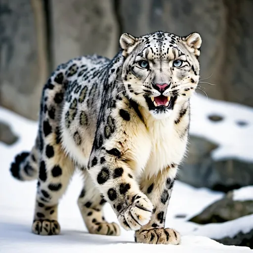 Prompt: Snow leopard with nice fur, in  attacking and lunging forward  position ,with claws visible and having an aggressive expression