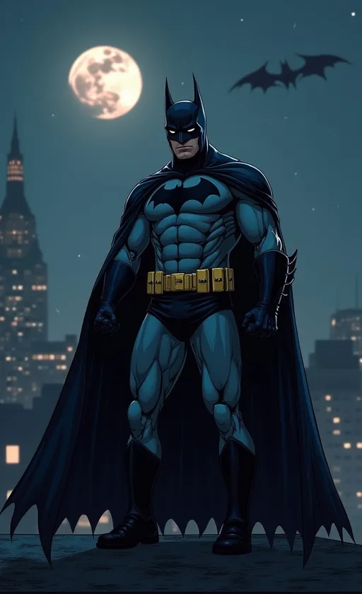 Prompt: batman standing on rooftop with his comic accurate bat suit. The night is dark, moon is shining, and the bat signal is in the sky.