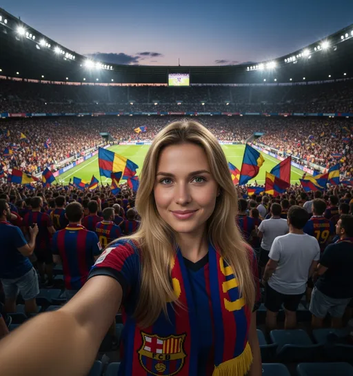 Prompt: “Selfie shot by a tall young woman wearing a sports scarf, in the stands of a large European football stadium, stands full of fans waving flags, floodlights turning on at twilight, shadows & highlights from stadium lighting on her face, natural skin tones, candid smile, slight lens flare, realistic texture and color, high dynamic range photography.”