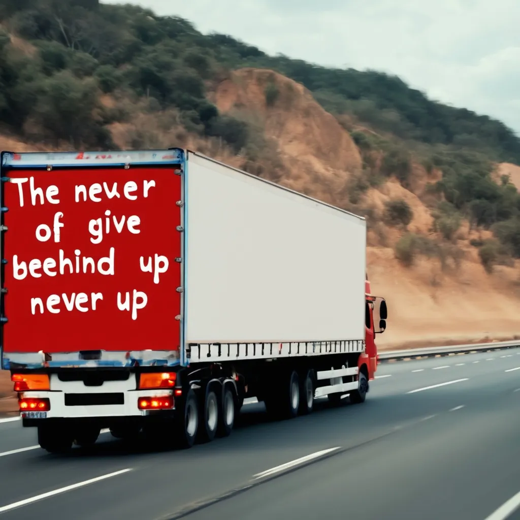 Prompt: A truck is is going throw highway.the image will be behind scene. The behind door of the truck a sentence "Never give up" written by red colour