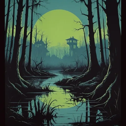 Prompt: A movie poster in the style of the 60s, similar to the pictures that were painted by hand for the headboard in cinemas, and it was designed with relatively strong and dark contrast colors for a movie with a horror in a swamp.