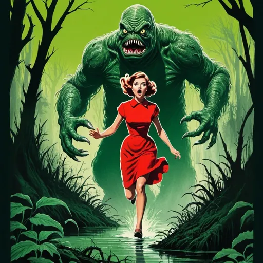 Prompt: A movie poster in the 60s, a retro drawing, and it was designed with lots of green colors and shadows. A women in a red dress runs from a swamp monster chasing her, he is about to eat her. She is terrified. 