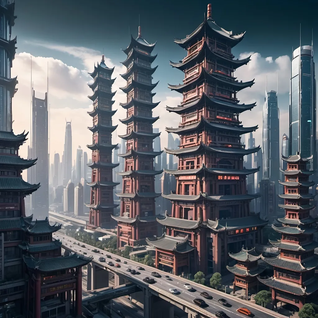 Prompt: Gargantuan city with traditional Chinese-style towers, high-tech highways, futuristic elements, ultra-detailed, highres, cyberpunk, traditional Chinese, futuristic, towering structures, high-tech highways, cityscape, detailed architecture, professional, atmospheric lighting