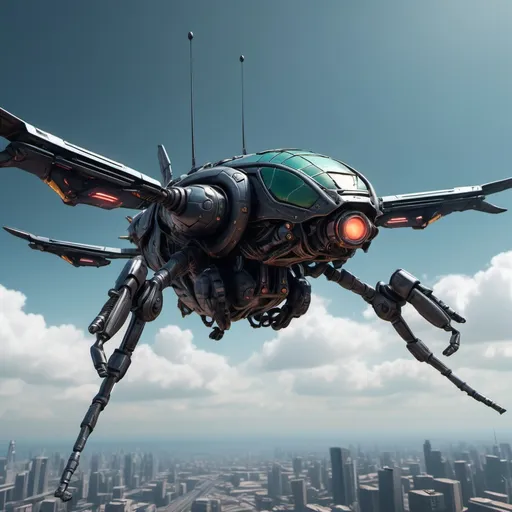 Prompt: cyberpunk, cyborg insectoid gunship aircraft, high in the sky, open sky in the background