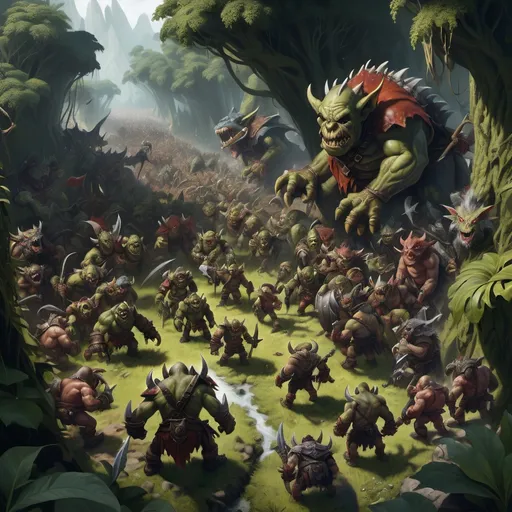 Prompt: a massive group of orcs, goblins, dragons, wyverns, hobgoblins,  in a jungle clearing seen from high above