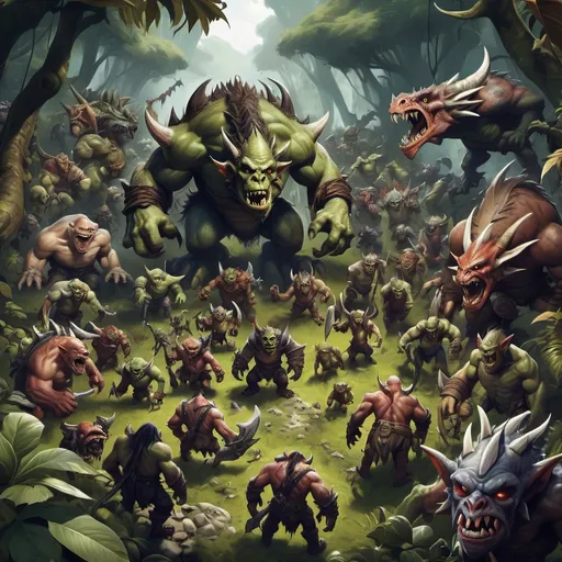 Prompt: a massive group of orcs, goblins, dragons, wyverns, hobgoblins, and other monsters kinds of monsters in a jungle clearing seen from high above