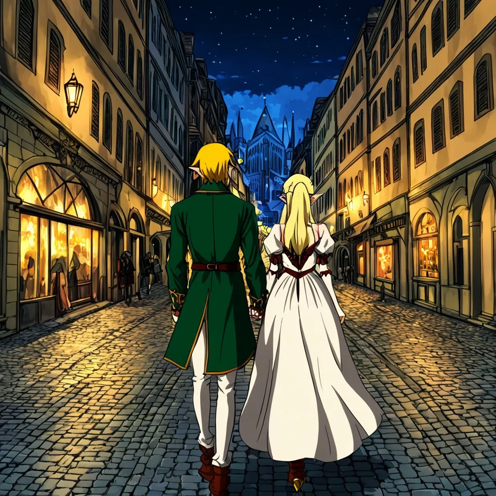 Prompt: Renaissance city at night
young couple holding hands, walking through the city.  
Guy is elf, 
girl is human
anime style
 looking from behind
both are blonde
make them further away
two people only