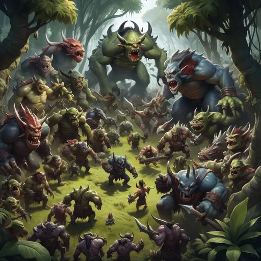 Prompt: a massive group of orcs, goblins, dragons, wyverns, hobgoblins, and other monsters kinds of monsters in a jungle clearing seen from high above