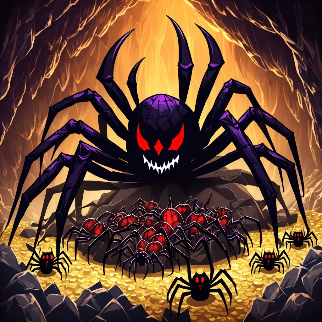 Prompt: 6 colossal spider demons sitting on a pile of treasure in a large cavern.
Make all demons the same size.  Make demons look very evil