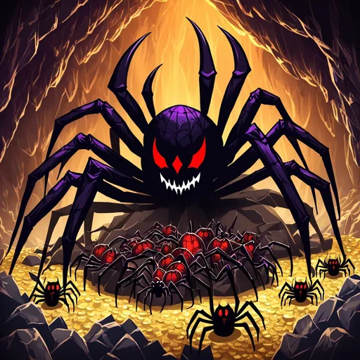 Prompt: 6 colossal spider demons sitting on a pile of treasure in a large cavern.
Make all demons the same size.  Make demons look very evil