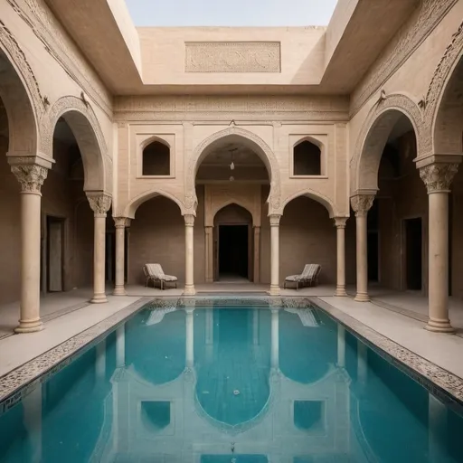 Prompt: Luxury historic swimming pool in iraq