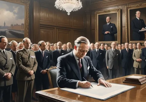 Prompt: Create an image set in the British Parliament in the 1940s, capturing the moment a new Prime Minister is signing official documents. The scene should feature the Prime Minister, dressed in period-appropriate formal attire, seated at a grand wooden desk, pen in hand, signing papers with a look of solemn determination. The room should be richly decorated with dark wood paneling, ornate chandeliers, and historical portraits. Surrounding the Prime Minister are key officials and advisors, some standing respectfully, others sitting, observing the momentous occasion with a mix of anticipation and reverence. The atmosphere should be serious and formal, highlighting the gravity of the event