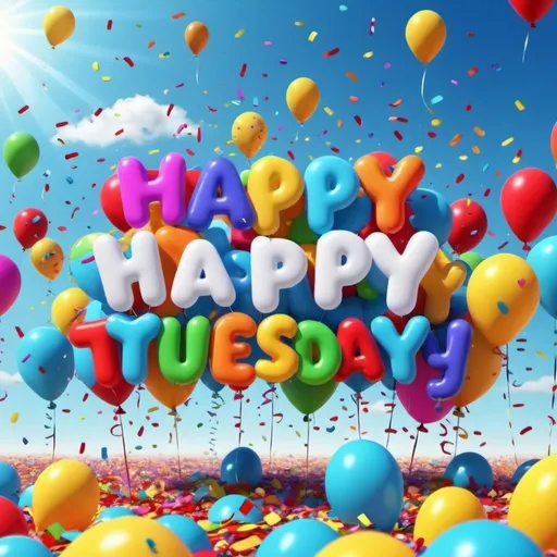 Prompt: "Happy Tuesday", vibrant colors, cheerful atmosphere, festive ambiance, bright and vivid color tones, animated confetti, colorful streamers, balloons, celebratory elements, sunny background, (blue skies) with a few fluffy clouds, playful energy, text “Happy Tuesday” accurately spelled, 4K, ultra-detailed, high definition, vibrant decor, uplifting mood that spreads joy, photorealistic