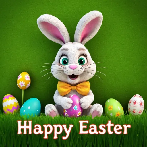 Prompt: Easter bunny on a green meadow with the text "Happy Easter"