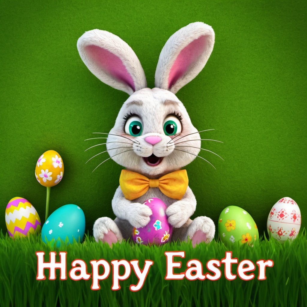 Easter bunny on a green meadow with the text 