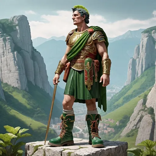 Prompt: Caesar roman with big Green mountain boots