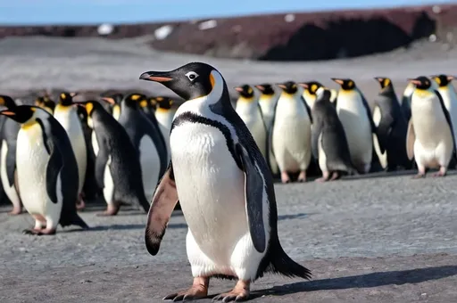 Prompt: A penguin in foreground looking at me and many penguins in background 