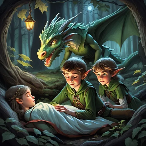 Prompt: 2 young elves in a forest, its night time, the female elf is fast asleep, while the boy elf is sacred. and there is a dragon behind them, watching them though the trees.