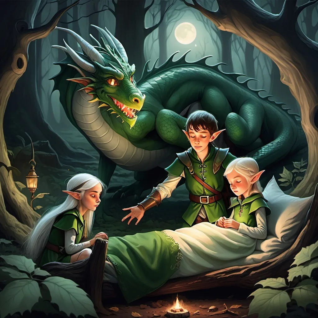 Prompt: 2 young elves in a forest, its night time, the female elf is fast asleep, while the boy elf is sacred. and there is a dragon behind them, watching them though the trees.