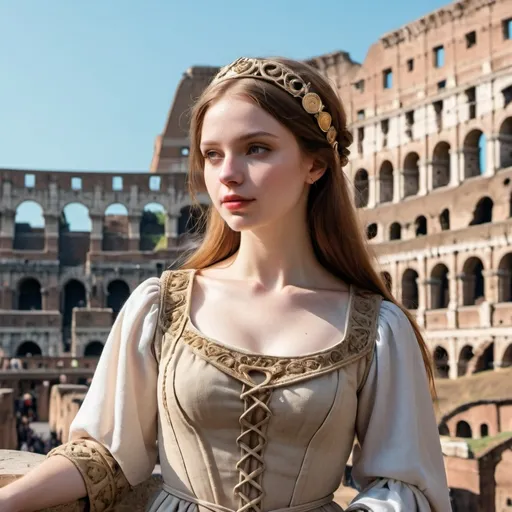 Prompt: pale beauty in medieval clothes at colosseum greeting.