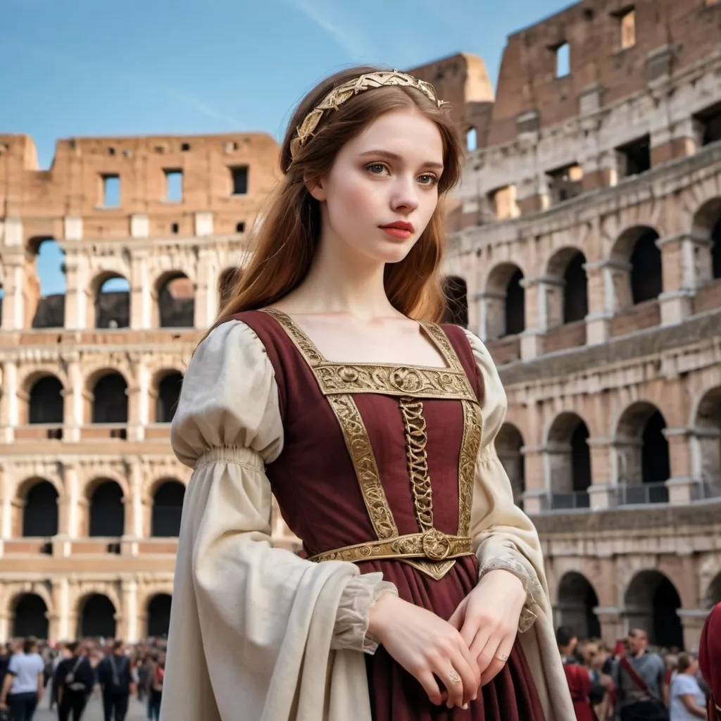 Prompt: pale beauty in medieval clothes at colosseum greeting.