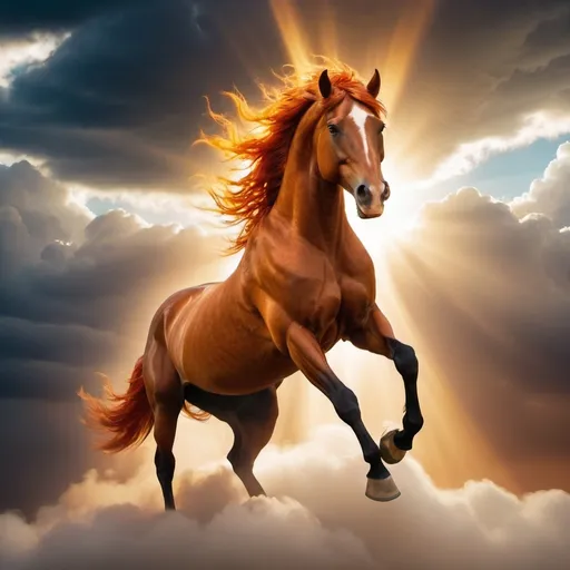 Prompt: An aggressive horse in the clouds. Blazing with Fiery hair. Glowing golden rays.