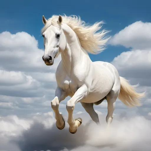 Prompt: A happy running white horse in the clouds. With shiny Golden Hair and blue eyes. Emits white radiance from its body.