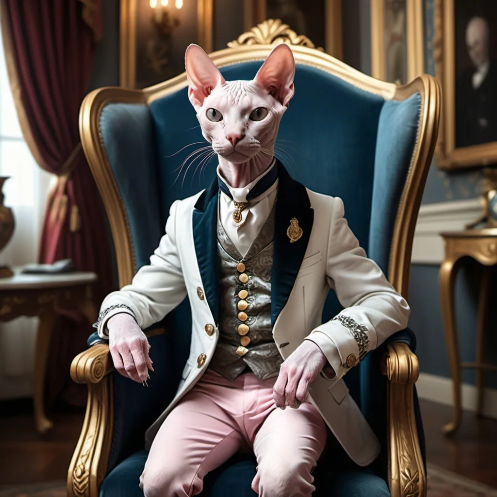 Prompt: Create an image of a Hairless cat that is dressed as a baron. He is sitting in a chair in a fancy room. 
