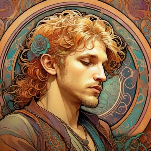 Prompt: Alphonse Mucha Style, art nouveau illustration of Layne Staley, thick lines, intricate details, beautiful colors