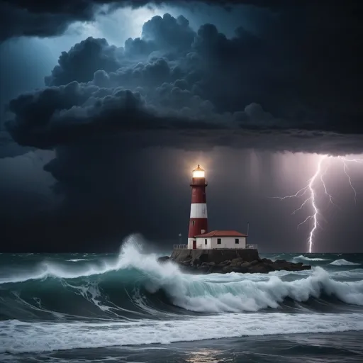 Prompt: (beacon light), solitary illumination, dark sea, raging thunderstorm, powerful cyclone, dramatic lighting, swirling clouds, dynamic waves, ominous atmosphere, deep blues and blacks, flashes of lightning, high tension, cinematic scene, serene yet chaotic, ultra-detailed, 4K quality, captivating yet foreboding ambiance.