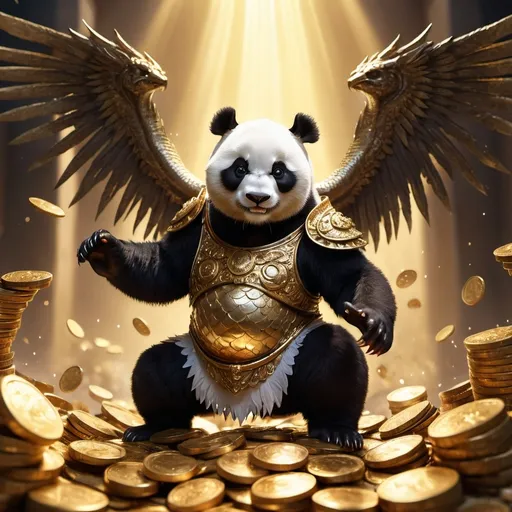 Prompt: (angelic panda warrior), floating gracefully above a large pile of shimmering gold coins, (dynamic pose), majestic wings extended, fiercely confident expression, (background) a slain dragon, scales glistening under soft light, rich warm tones, dramatic shadows, high depth, (cinematic atmosphere), (ultra-detailed), fantasy scene.