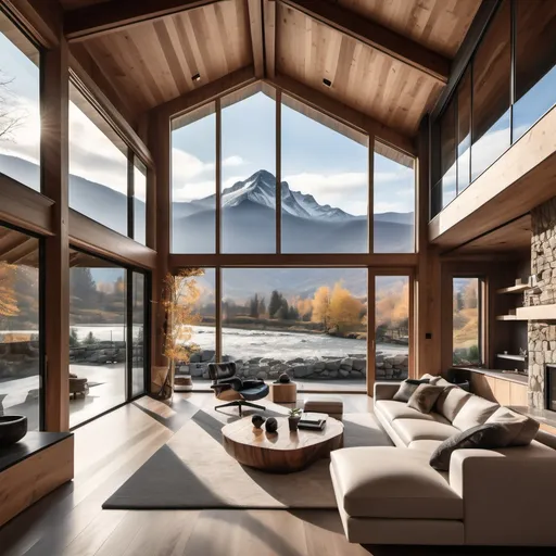Prompt: A luxurious modern house with large glass windows offering an unobstructed view of a mountain range, multiple cascading waterfalls, and a tranquil river running through the landscape. A woman is sitting comfortably inside the house, enjoying a warm coffee while gazing out at the breathtaking views from the windows. The interior features high ceilings with exposed wooden beams and a cozy stone fireplace. The atmosphere is calm and serene, surrounded by abundant water sources, lush greenery, and natural beauty