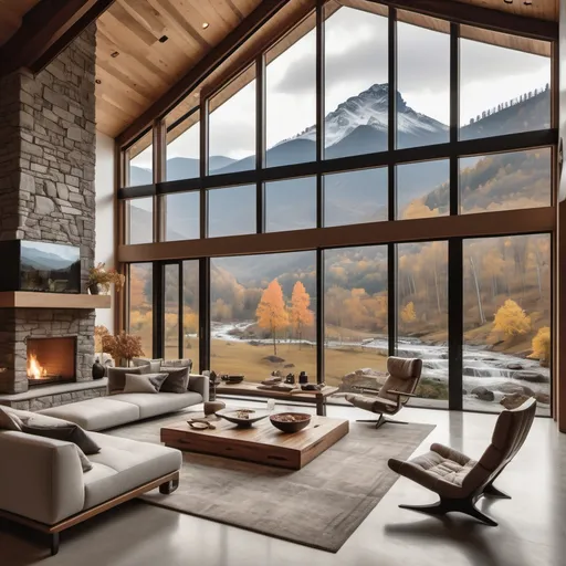 Prompt: A luxurious modern house with large glass windows offering an unobstructed view of a mountain range, multiple cascading waterfalls, and a tranquil river running through the landscape. A woman is sitting comfortably inside the house, enjoying a warm coffee while gazing out at the breathtaking views from the windows. The interior features high ceilings with exposed wooden beams and a cozy stone fireplace. The atmosphere is calm and serene, surrounded by abundant water sources, lush greenery, and natural beauty. add more waterfalls