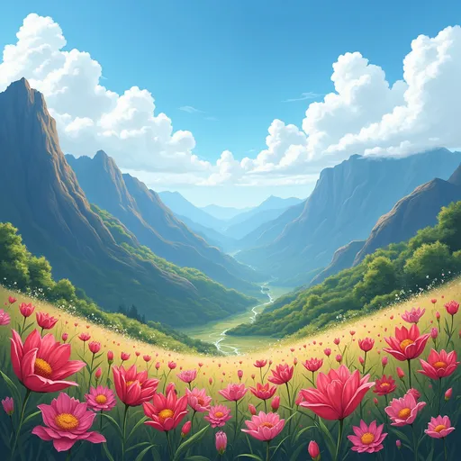 Prompt: FLORES MONTANHAS E CEU AZUL COM MOVINETO


