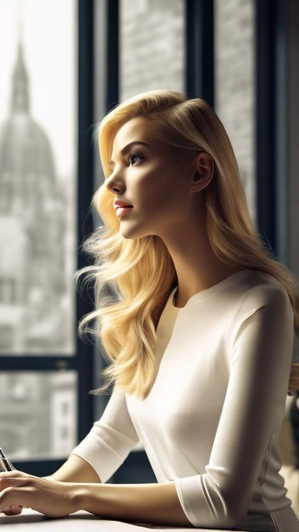 Prompt: Blonde woman sitting at desk, gazing at the sky through plaza window, indoor scene, modern, elegant, serene, detailed blonde hair, cityscape outside, peaceful atmosphere, sunlight streaming in, high quality, realistic, professional, soft lighting, indoor setting, elegant attire