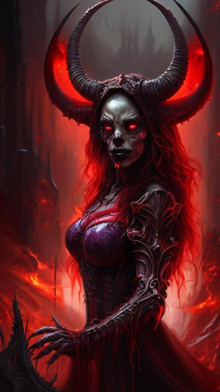 Prompt: 4k, ultra-detailed, digital painting, beauty red woman, flammable horn, dark dress, purple gorgeous eyes, kind fingers, hell, demonic, fiery atmosphere, dramatic lighting, professional, gothic style