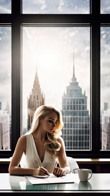 Prompt: Blonde woman sitting at desk, gazing at the sky through plaza window, indoor scene, modern, elegant, serene, detailed blonde hair, cityscape outside, peaceful atmosphere, sunlight streaming in, high quality, realistic, professional, soft lighting, indoor setting, elegant attire