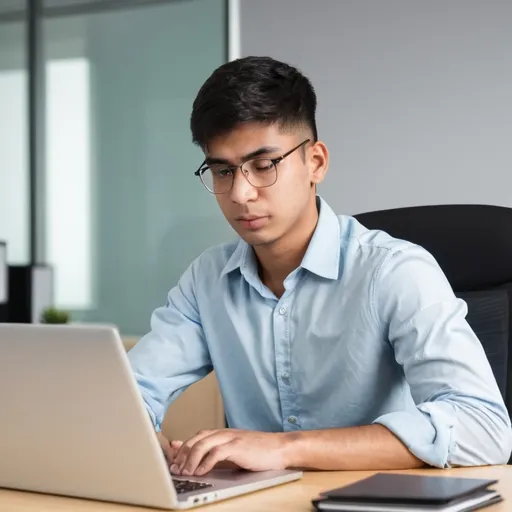 Prompt: A young man work in office