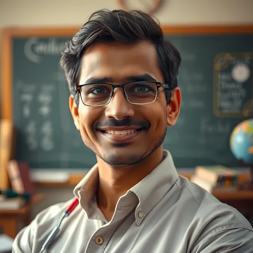 Prompt: (ultra-detailed) portrait of an Indian male teacher, vibrant colors, warm lighting, authentic facial features, engaging expression, professional attire, chalkboard in the background, elements of education (books, globe), cozy classroom atmosphere, encouraging vibe, high quality, inspirational presence, confident pose.