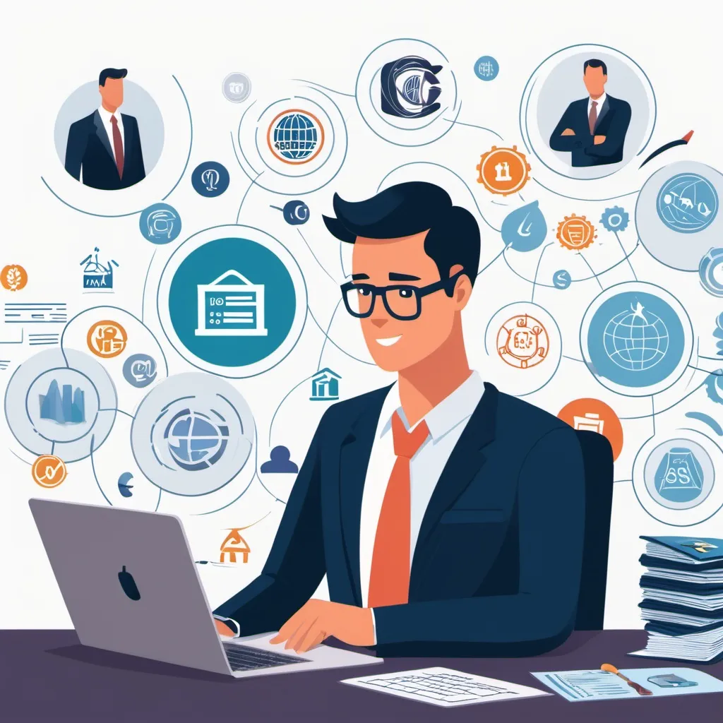 Prompt: Image of financial audit to be used on a consulting company website depicting an animated person surrounded by images of, brssc, fssc and iso standards and logos