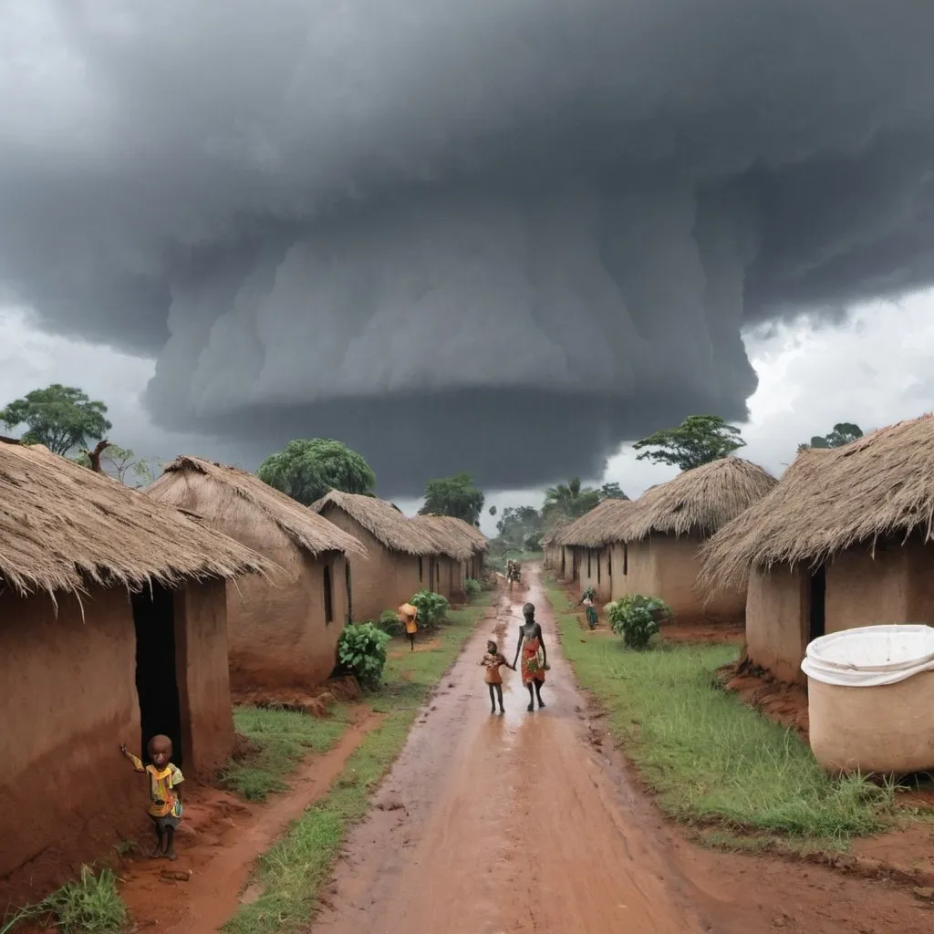 Prompt: Je veux une image d'un village en Afrique avec un ciel nuageux annonçant la pluie, avec des enfants qui courent, avec des plantations 