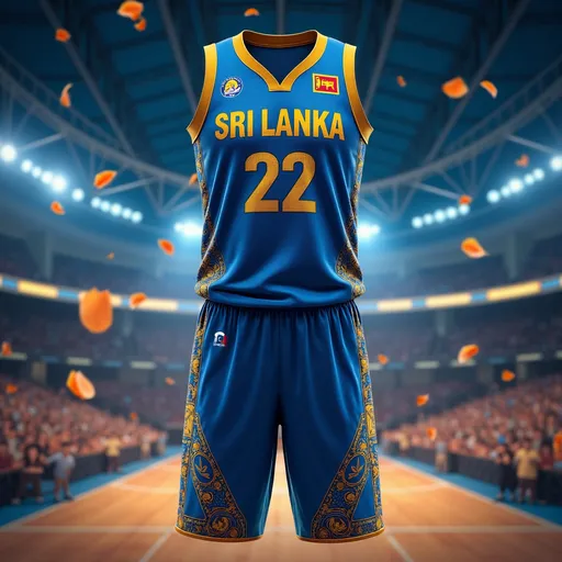 Prompt: concept for a Sri Lanka National Basketball Team kit, designed in line with FIBA guidelines and incorporating elements of Sri Lankan heritage in a modern aesthetic.

FIBA Design Guidelines Recap (for uniforms):
Jersey numbers on front and back (10cm front, 20cm back, high contrast).

Home kit should be light-colored, away kit dark-colored.

Country name or abbreviation on the chest.

Team logo and flag optional, sponsor logos per regulations.

Uniform must be modest, non-revealing, and uniform across team.

Sri Lanka National Basketball Kit Design
Home Kit (Light-Colored)
Base Color: Ivory white with subtle gold gradients.

Accent Colors: Deep maroon and saffron orange.

Design Motif: Stylized Sigiriya Lion outline subtly embossed across the side panel.

Neckline and Armhole Trim: Gold with maroon piping.

Number & Text: Maroon, high contrast with gold outline.

Shorts: White with gold side panels that continue the lion motif.

Additional Detail: A modernized Lotus petal pattern trim around the bottom edge of the jersey and shorts, nodding to temple carvings.

Away Kit (Dark-Colored)
Base Color: Royal blue.

Accent Colors: Silver and deep navy.

Design Motif: Abstract waves and conch swirl patterns inspired by the sea (tying to Sri Lanka’s maritime history), digitally stylized across the lower half in a gradient.

Neckline and Armhole Trim: Silver with navy piping.

Number & Text: White with silver outline.

Shorts: Blue with gradient silver side panels.

Additional Detail: Small “Sri Lanka” in Sinhala script beneath the collar on the back of the jersey.

In white ss the base color
