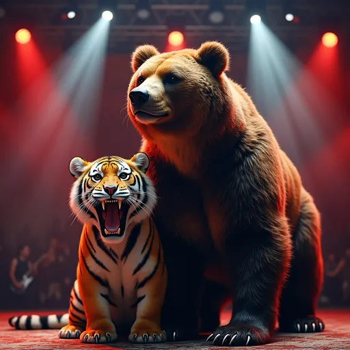Prompt: puedes crear una foto de un oso de verdad con la imagen de Seúl detrás y al lado un tigre de verdad en un escenario de concierto los dos muy hermosos y majestuosos



