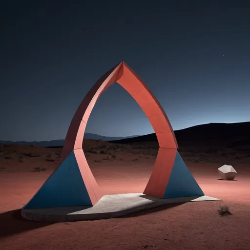 Prompt: Barren landscape with a geometric arch sculpture in the background. The sculpture is large and is muted red grey and blue coloured. The sculpture vaguely resembles a scorpion in shape. It's nighttime. Dark background. The sculpture is made up of geometric shapes