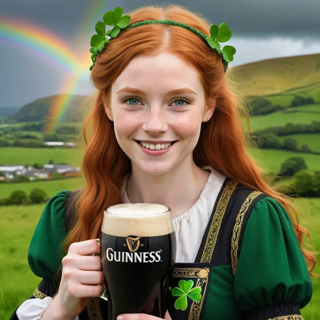 Prompt: Hyper realistic portrait of a sweet and pretty red haired Irish girl with a smile, wearing traditional Irish attire, holding a pint of Guinness, with a background of green hills and a rainbow, and some shamrocks in the foreground