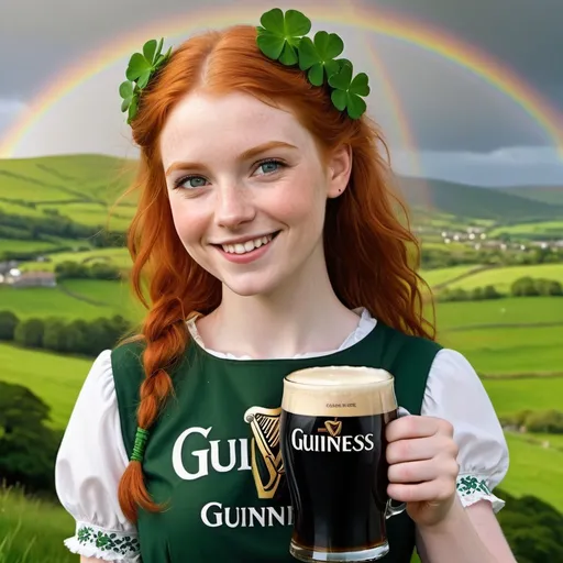 Prompt: Hyper realistic portrait of a sweet and pretty red haired Irish girl with a smile, wearing traditional Irish attire, holding a pint of Guinness, with a background of green hills and a rainbow, and some shamrocks in the foreground