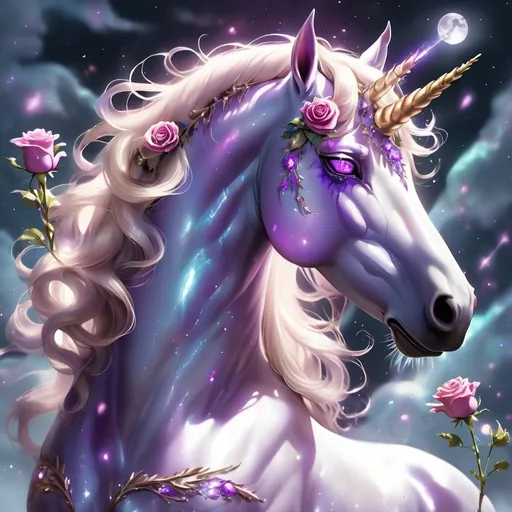 Prompt: A unicorn amethyst iridescent and translucent in color whose body is made of lighting bolts and glittering roses in the dead of winter glowing luminously under the full moon