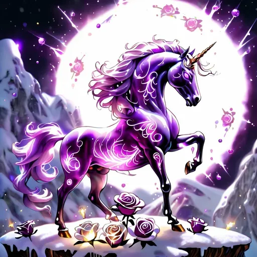 Prompt: A clear transparent amethyst unicorn whose body is made of lighting bolts and glittering roses in the dead of winter glowing luminously under the full moon
