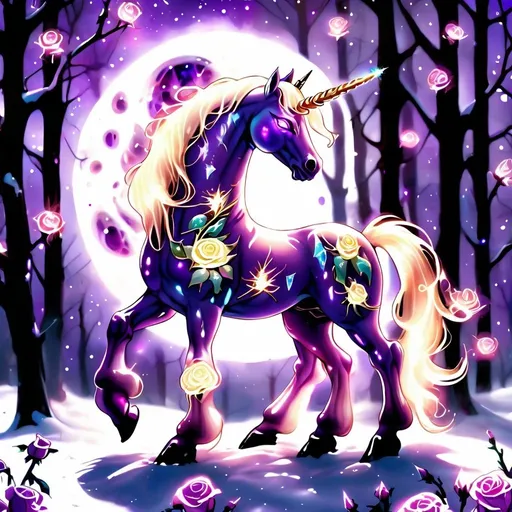 Prompt: A clear transparent amethyst unicorn whose body is made of lighting bolts and glittering roses in the dead of winter glowing luminously under the full moon